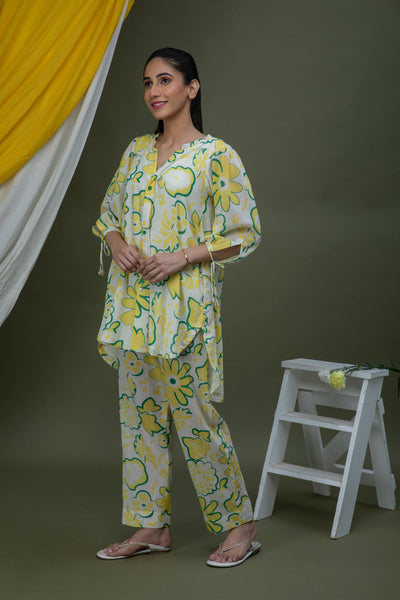 White and Yellow Coord Set Cotton