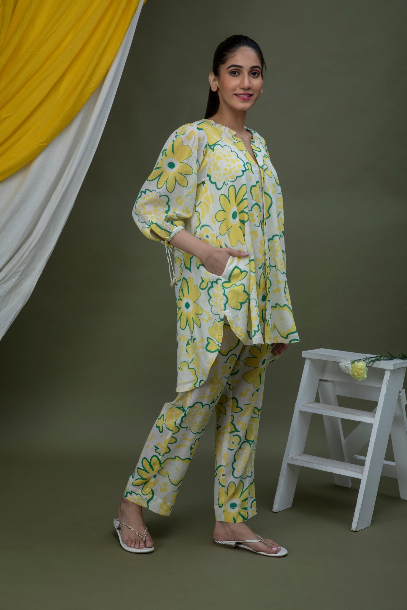 White and Yellow Coord Set Cotton