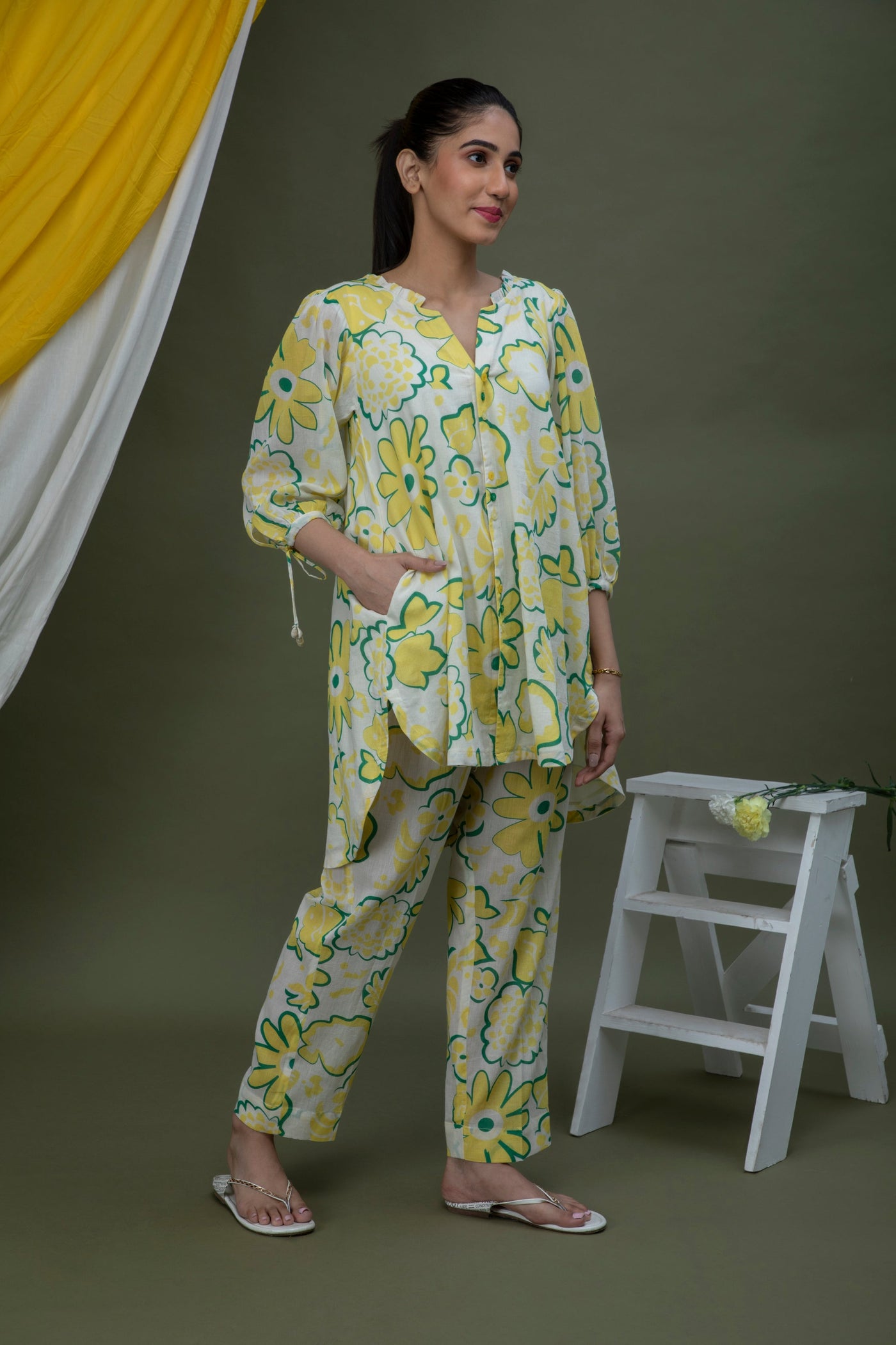 White and Yellow Coord Set Cotton