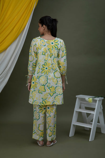 White and Yellow Coord Set Cotton