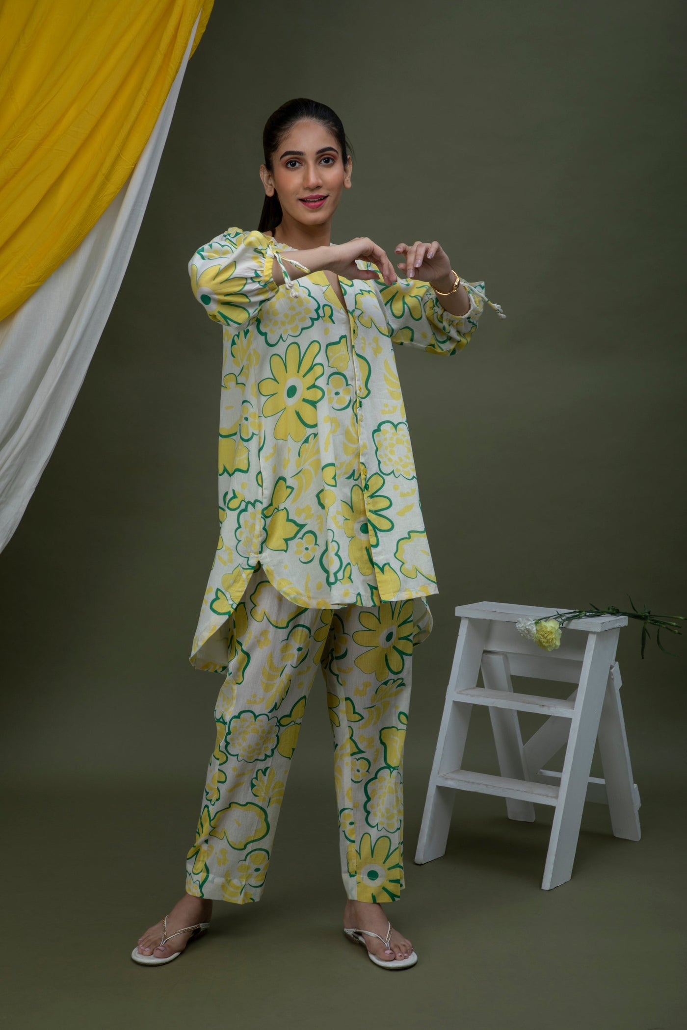White and Yellow Coord Set Cotton