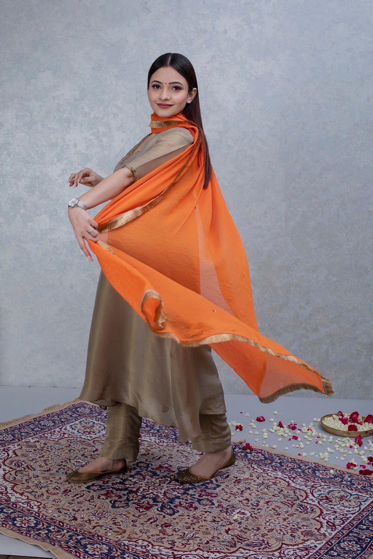 Golden Hand Embroidered Silk Tissue Suit Set with Orange Dupatta