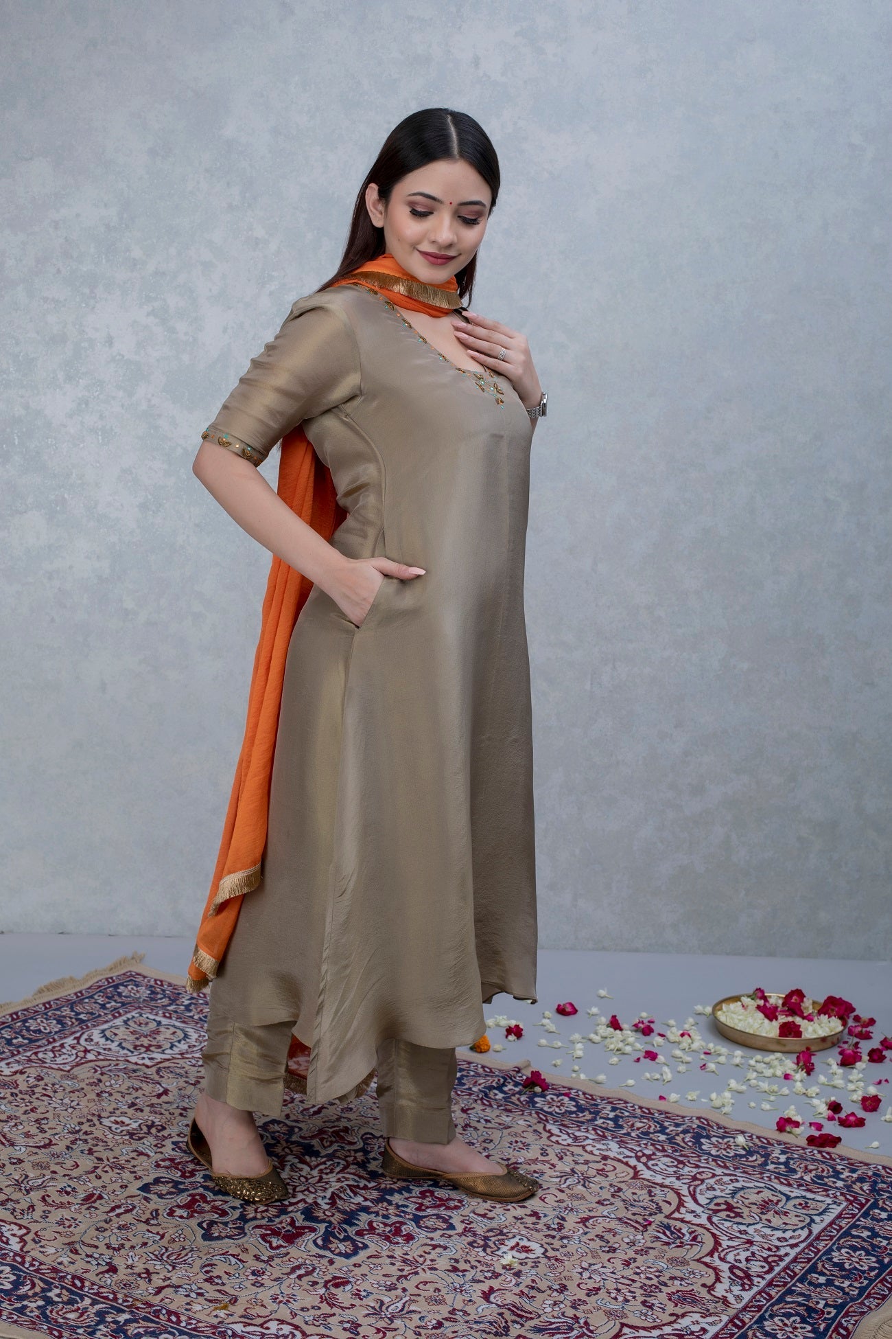 Golden Hand Embroidered Silk Tissue Suit Set with Orange Dupatta