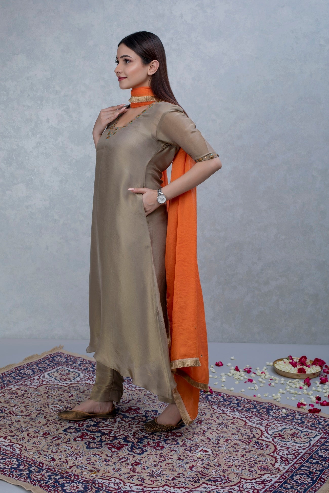 Golden Hand Embroidered Silk Tissue Suit Set with Orange Dupatta