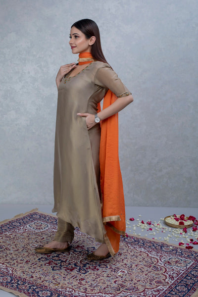 Golden Hand Embroidered Silk Tissue Suit Set with Orange Dupatta