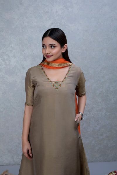 Golden Hand Embroidered Silk Tissue Suit Set with Orange Dupatta