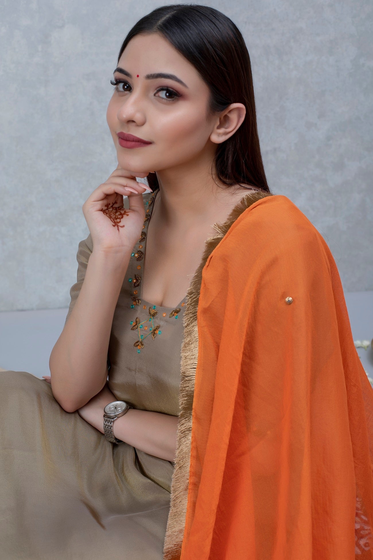 Golden Hand Embroidered Silk Tissue Suit Set with Orange Dupatta