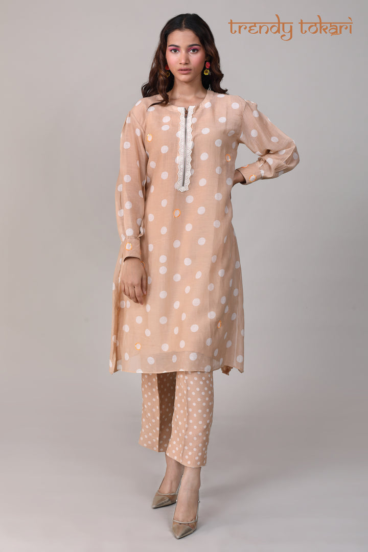 Beige Polka Printed Chanderi Coord Set