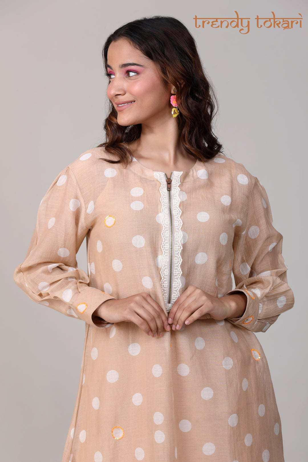 Beige Polka Printed Chanderi Coord Set