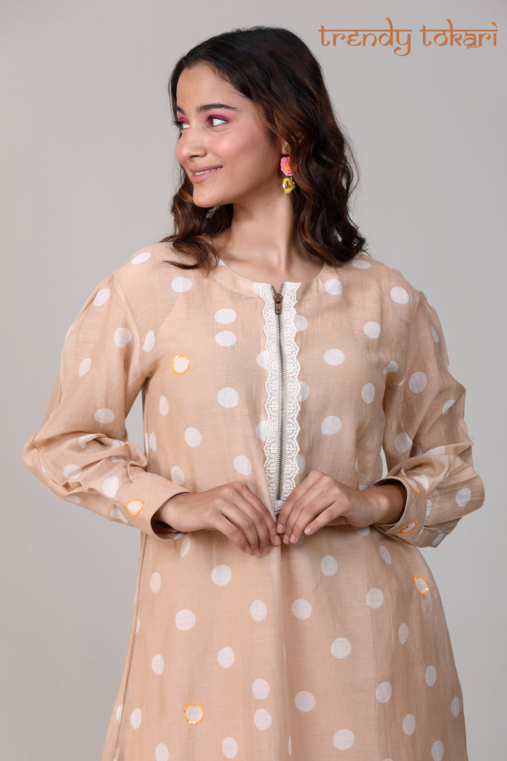 Beige Polka Printed Chanderi Coord Set