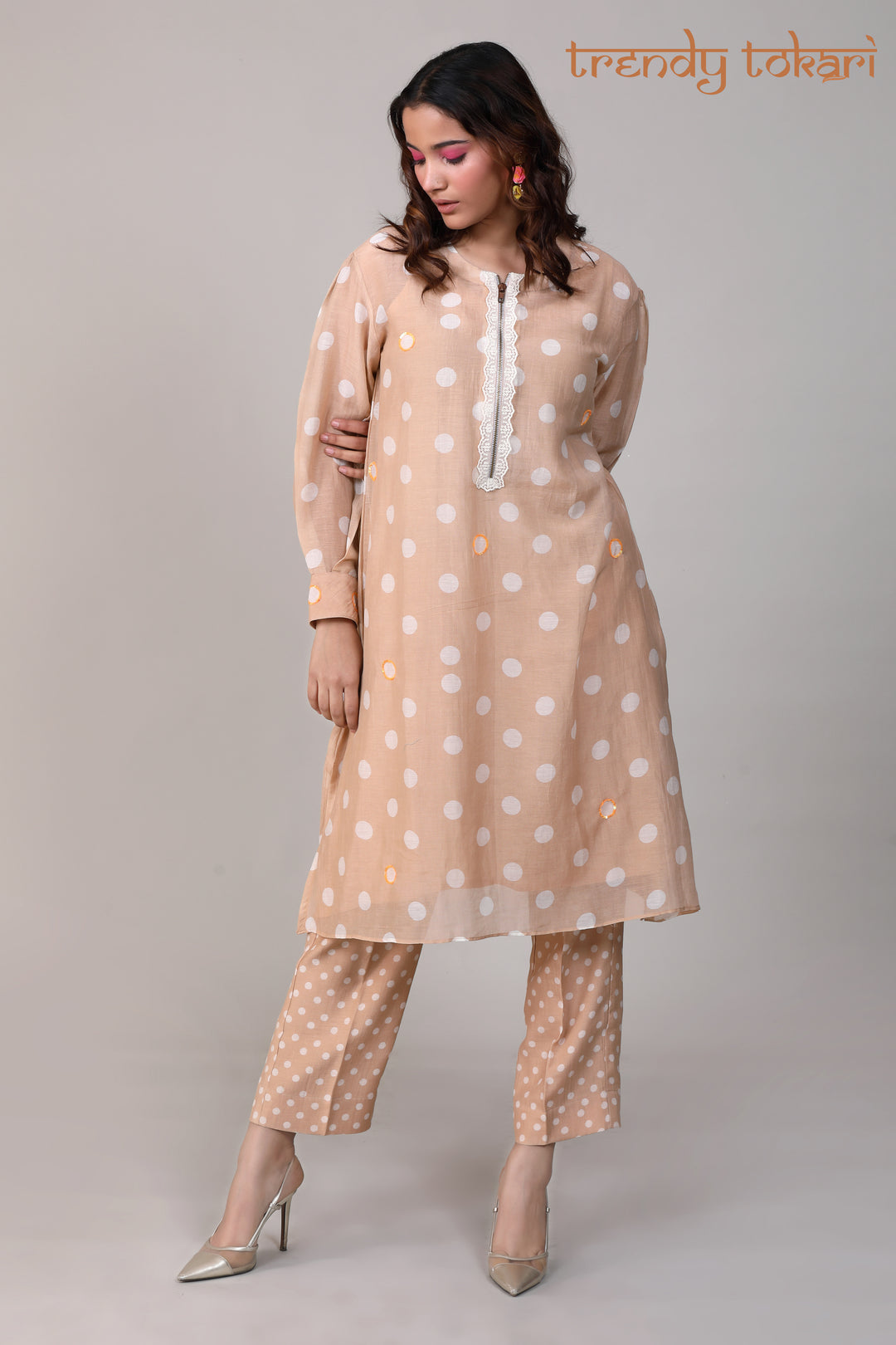 Beige Polka Printed Chanderi Coord Set