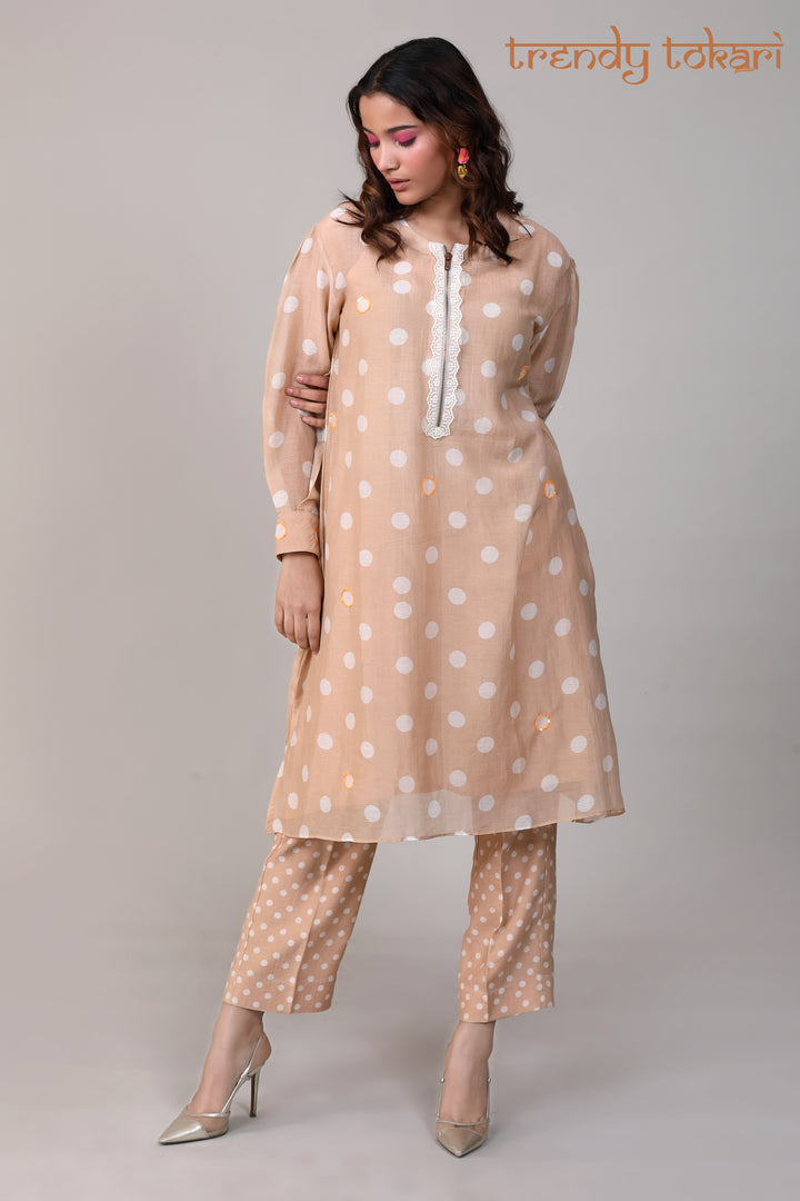 Beige Polka Printed Chanderi Coord Set