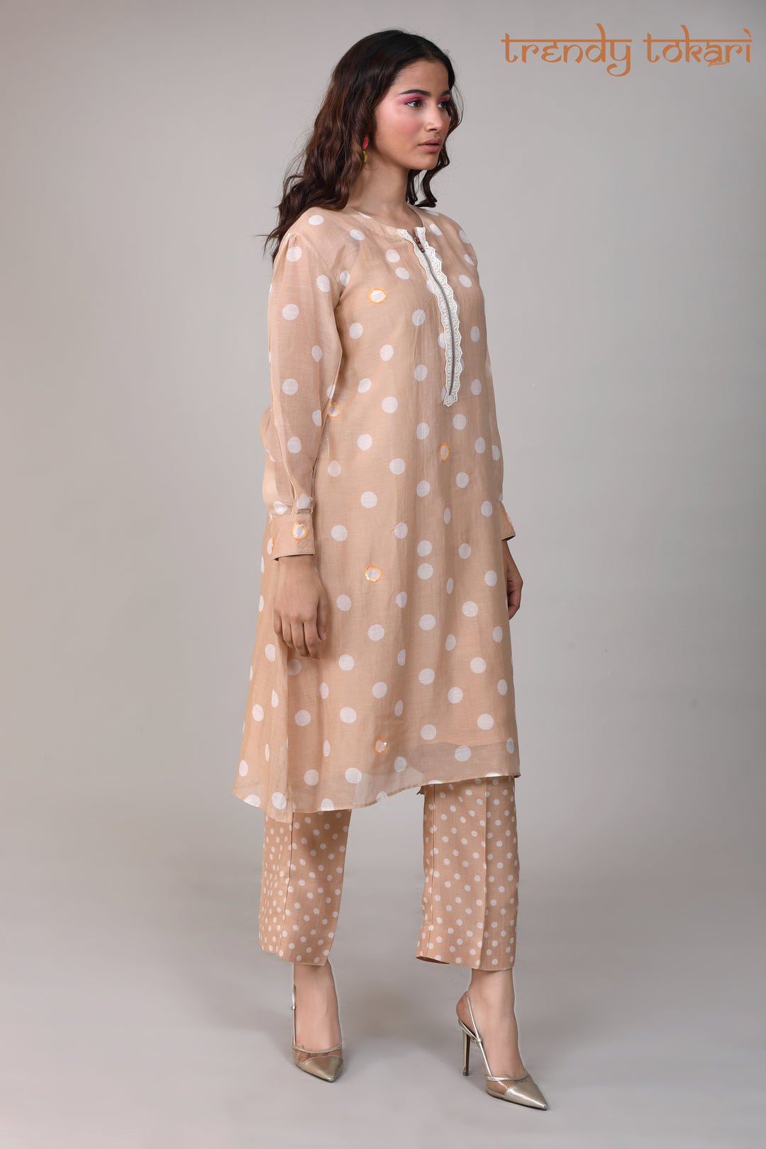 Beige Polka Printed Chanderi Coord Set