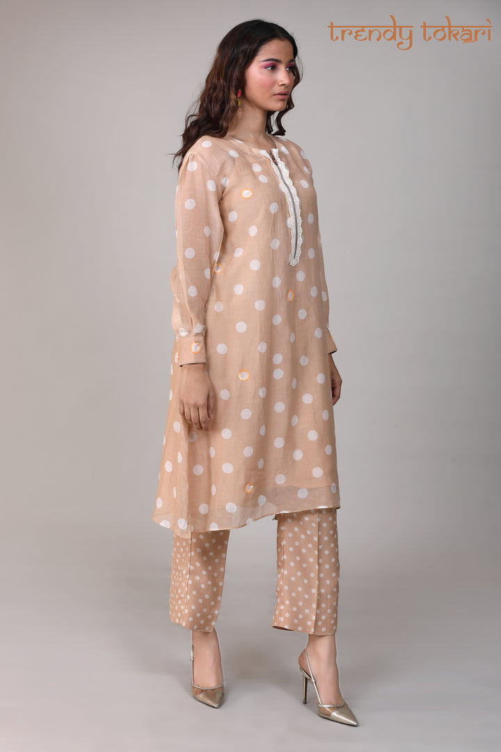 Beige Polka Printed Chanderi Coord Set