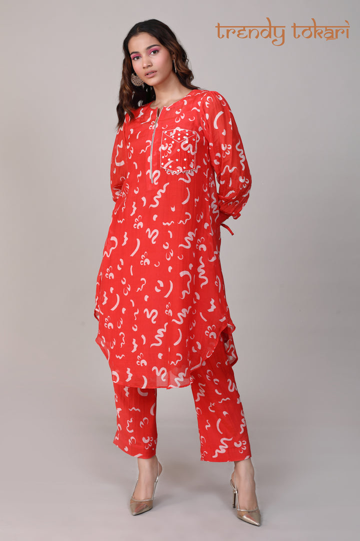 Red White Hand Embroidered Chanderi Coord Set