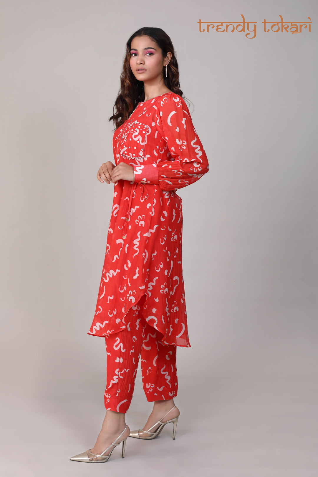 Red White Hand Embroidered Chanderi Coord Set