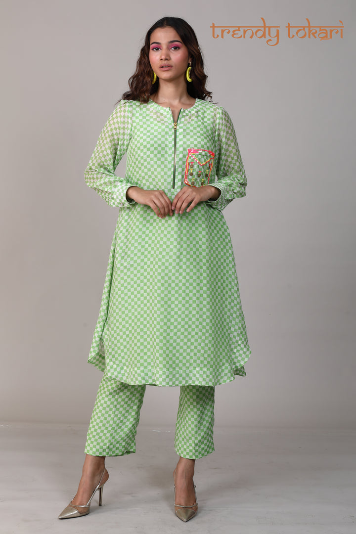 Pistachio Green Check Sequine Chanderi Coord Set