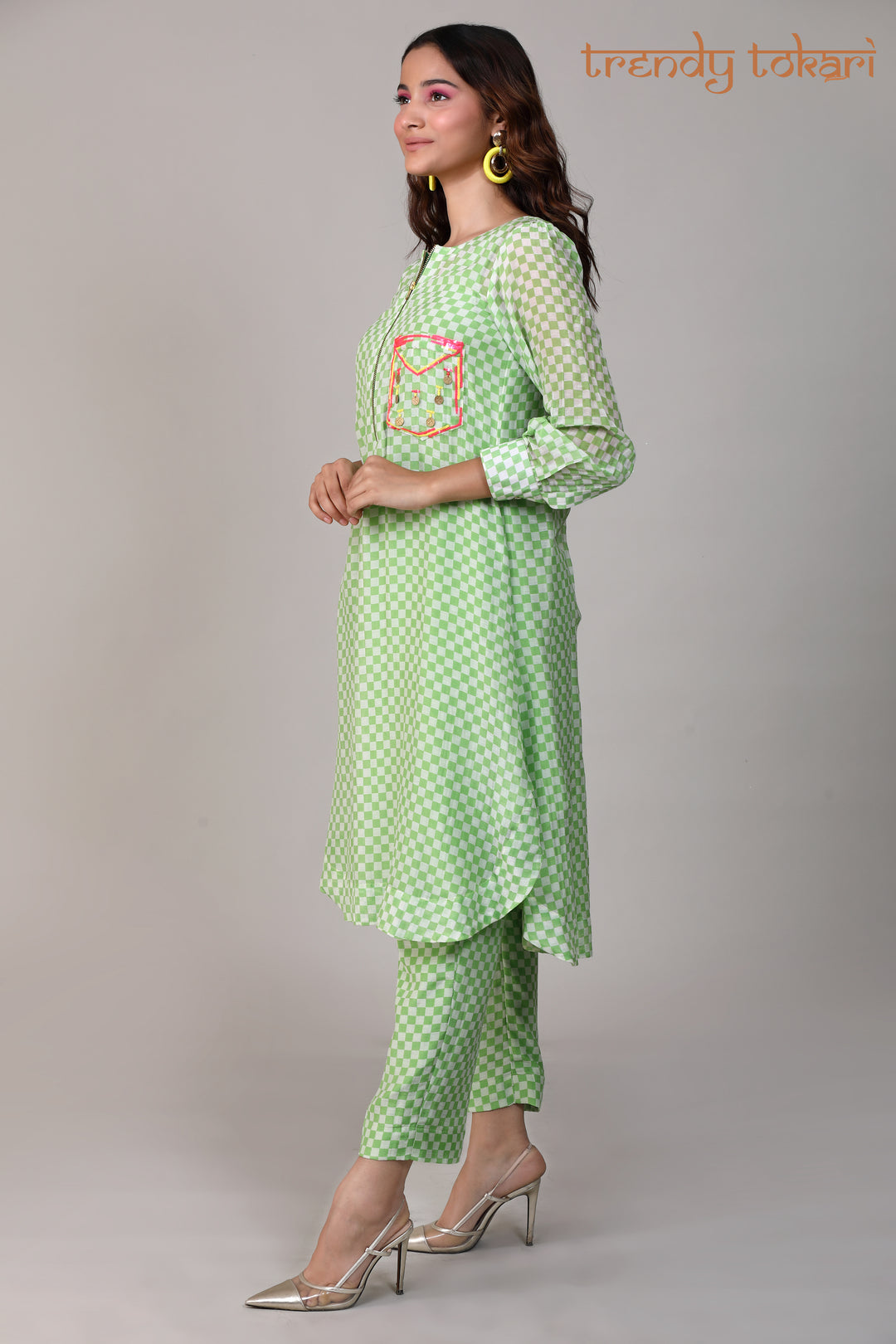 Pistachio Green Check Sequine Chanderi Coord Set