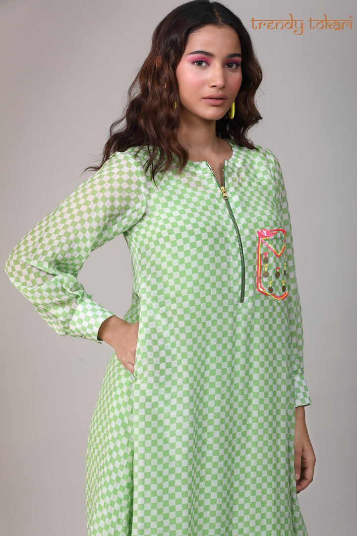 Pistachio Green Check Sequine Chanderi Coord Set