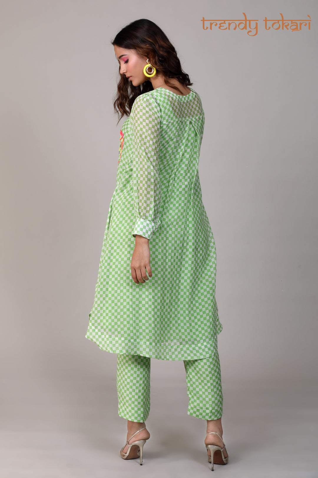 Pistachio Green Check Sequine Chanderi Coord Set