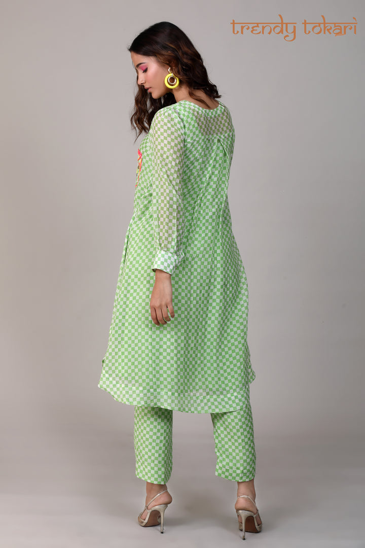 Pistachio Green Check Sequine Chanderi Coord Set