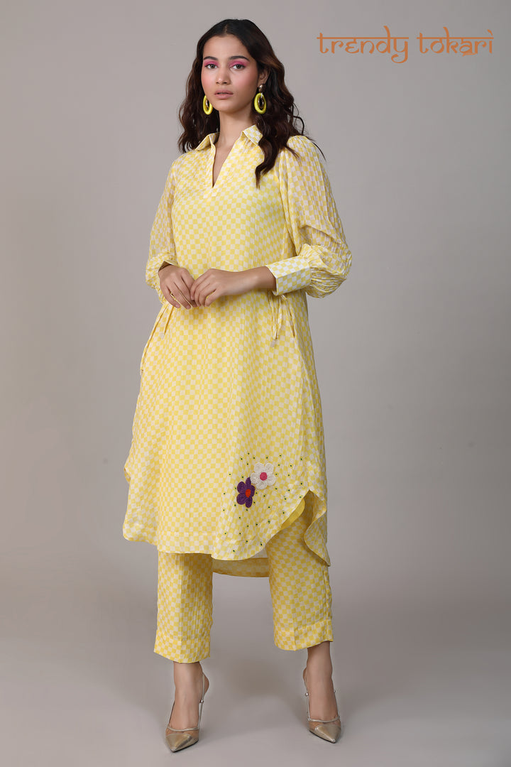 Yellow Check Sequined Chanderi Coord Set