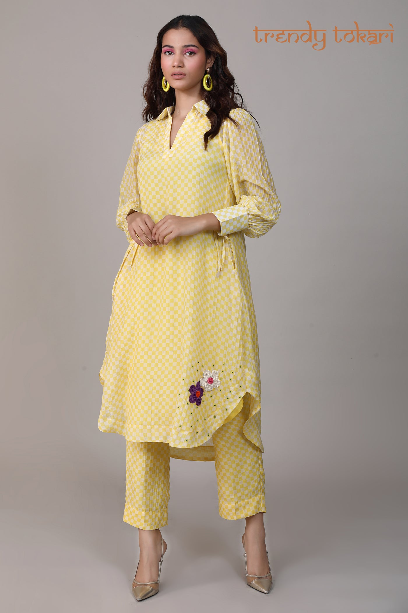 Yellow Check Sequined Chanderi Coord Set