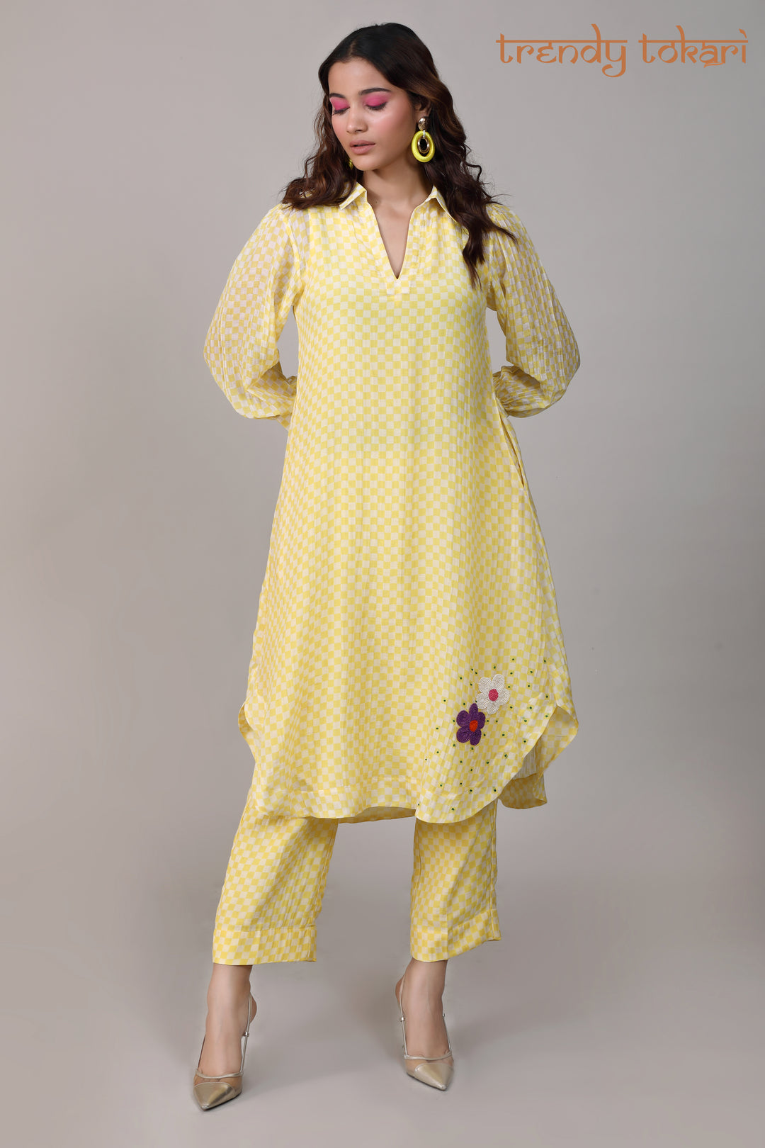 Yellow Check Sequined Chanderi Coord Set