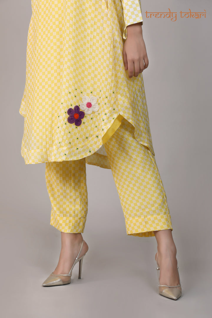 Yellow Check Sequined Chanderi Coord Set