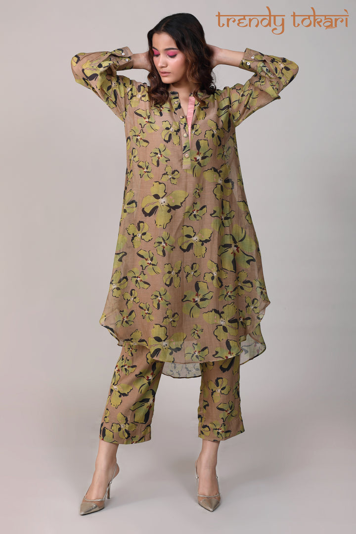 Bronze Green Printed Chanderi Coord Set