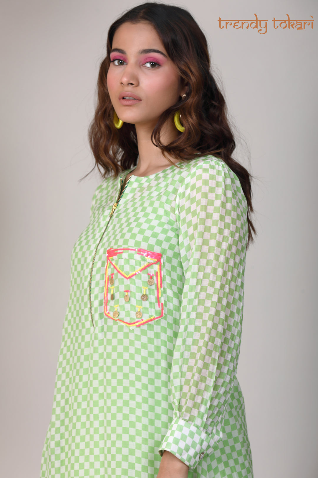 Pistachio Green Check Sequine Chanderi Coord Set