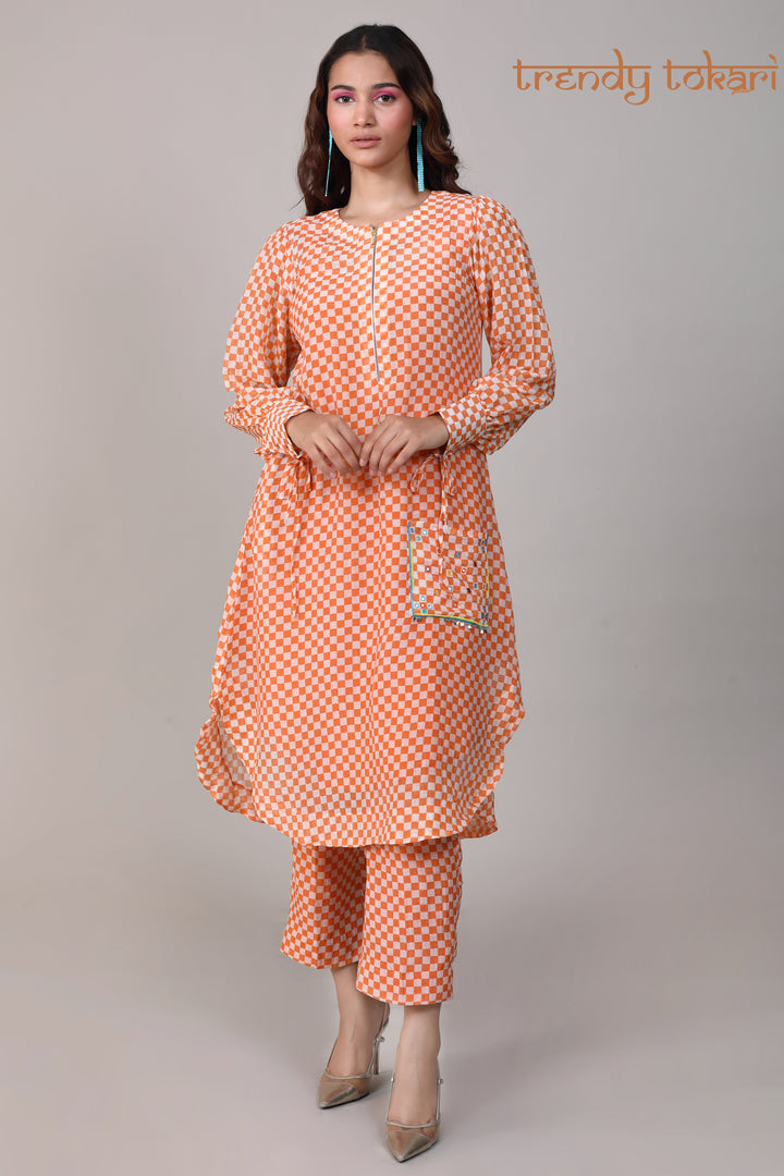 Orange Check Sequined Chanderi Coord Set