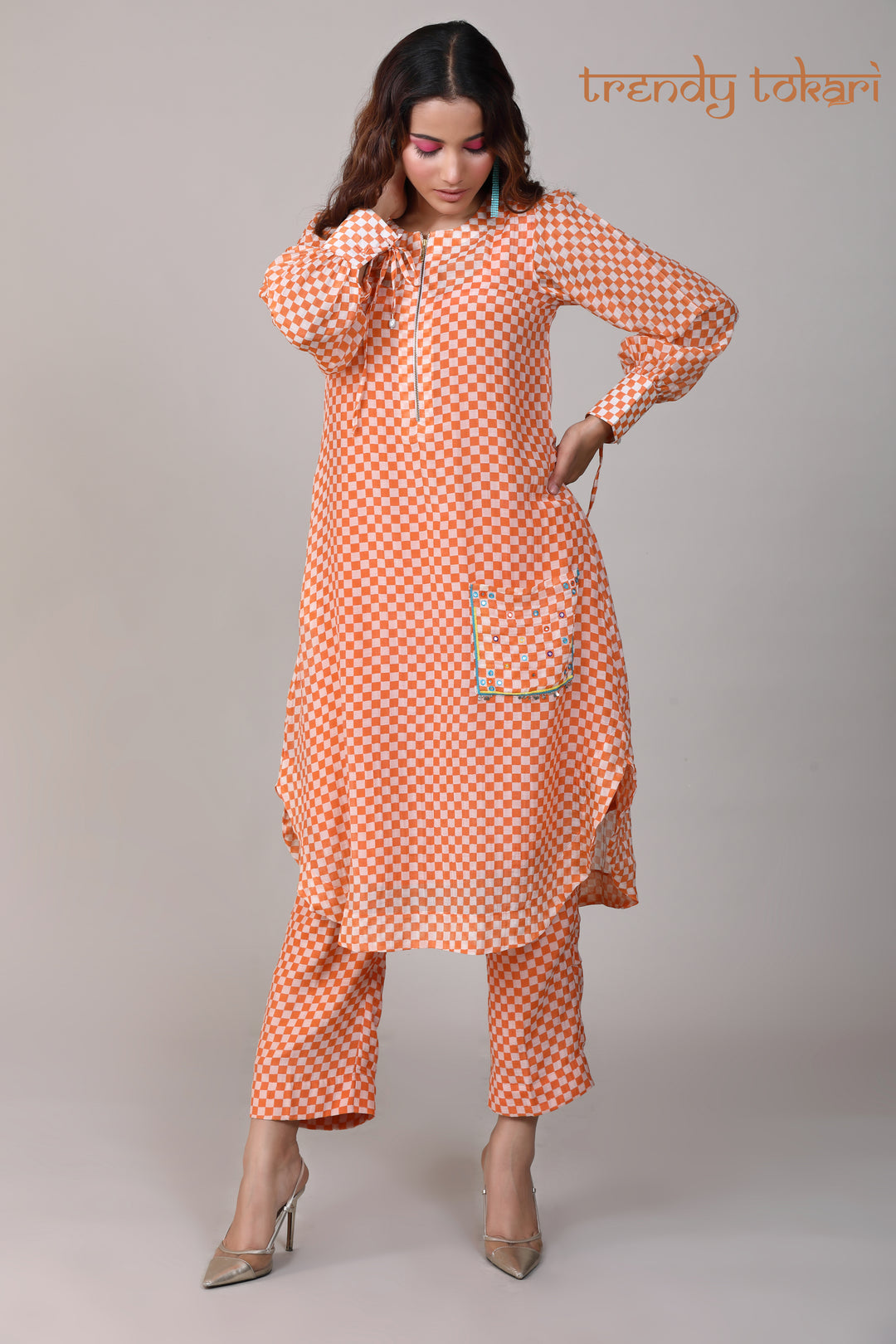 Orange Check Sequined Chanderi Coord Set