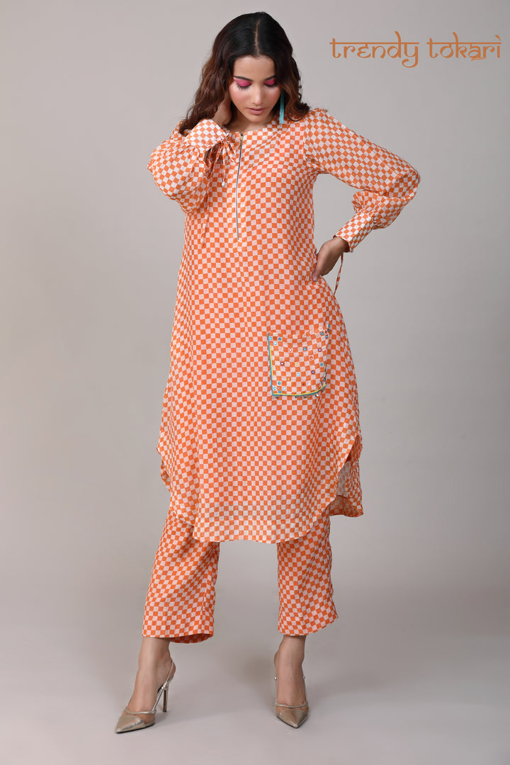 Orange Check Sequined Chanderi Coord Set