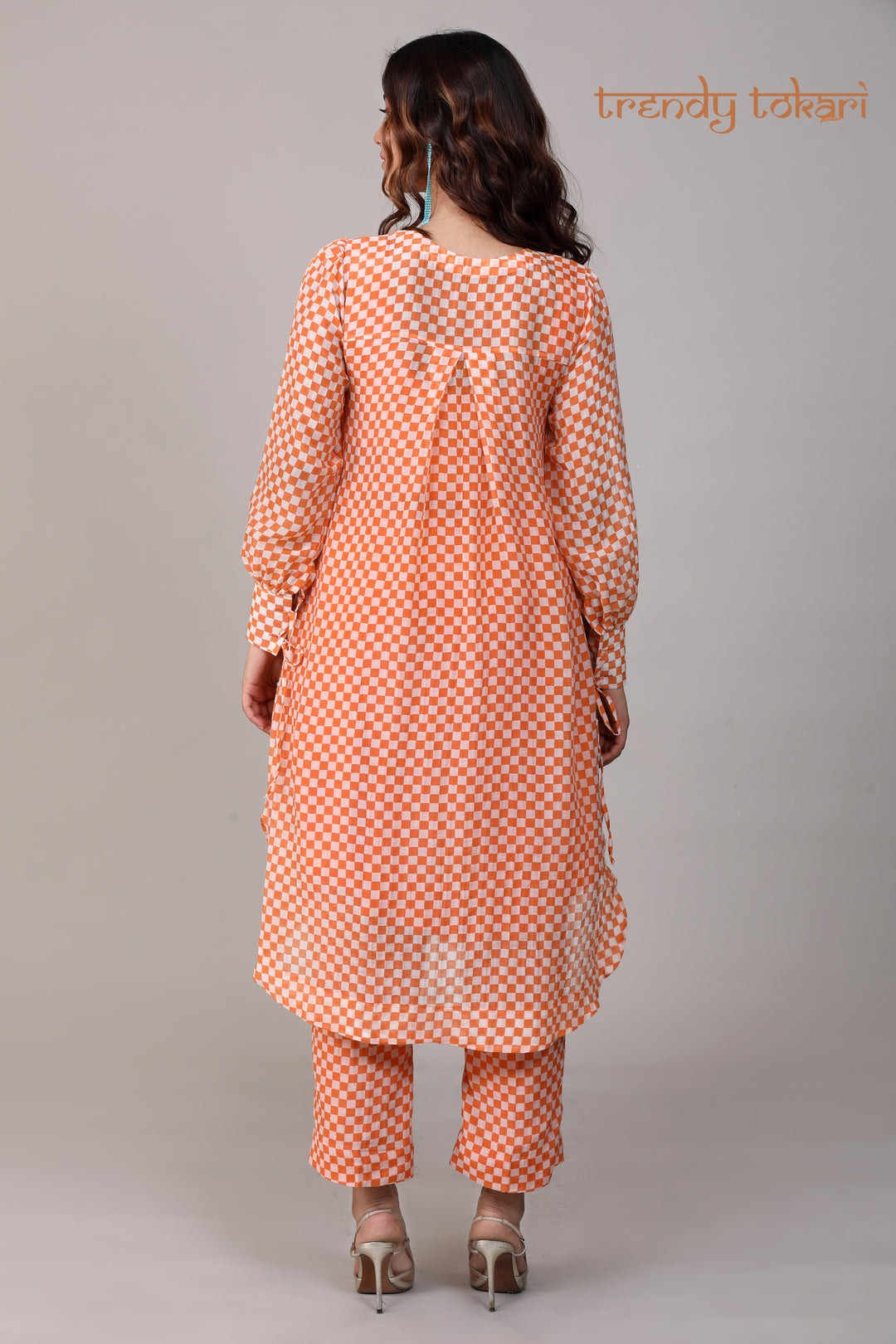 Orange Check Sequined Chanderi Coord Set