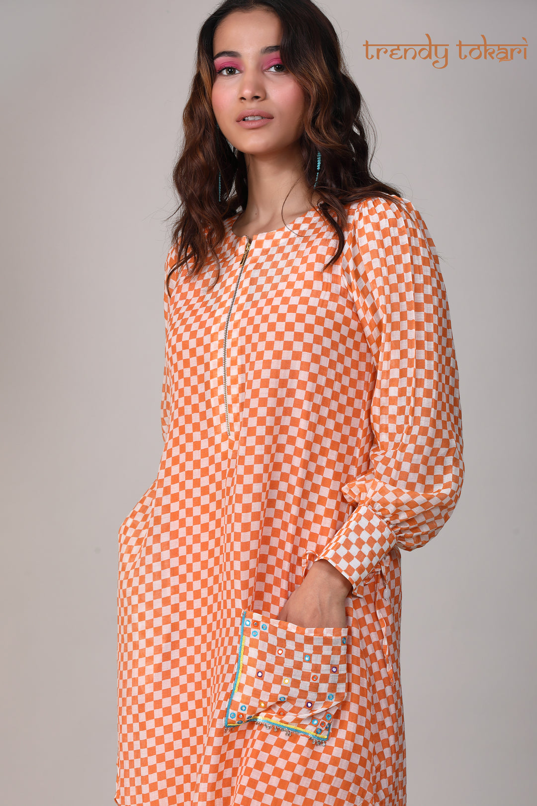 Orange Check Sequined Chanderi Coord Set