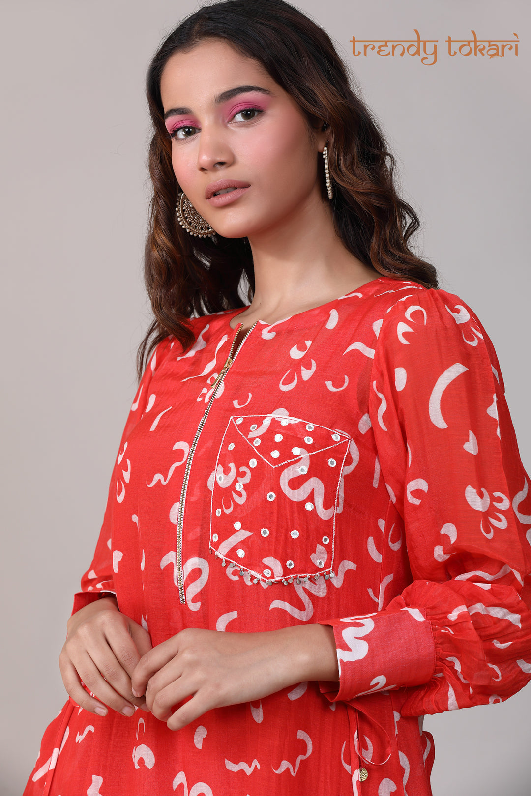 Red White Hand Embroidered Chanderi Coord Set