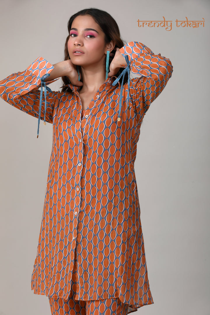 Orange Blue Printed Chanderi Coord Set