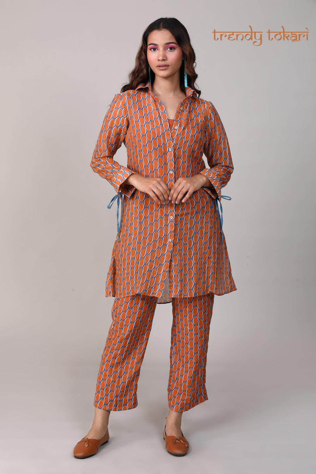 Orange Blue Printed Chanderi Coord Set