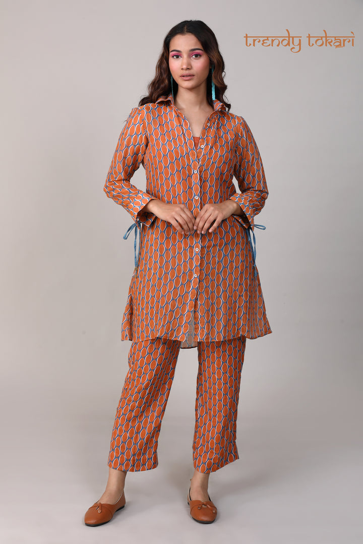 Orange Blue Printed Chanderi Coord Set