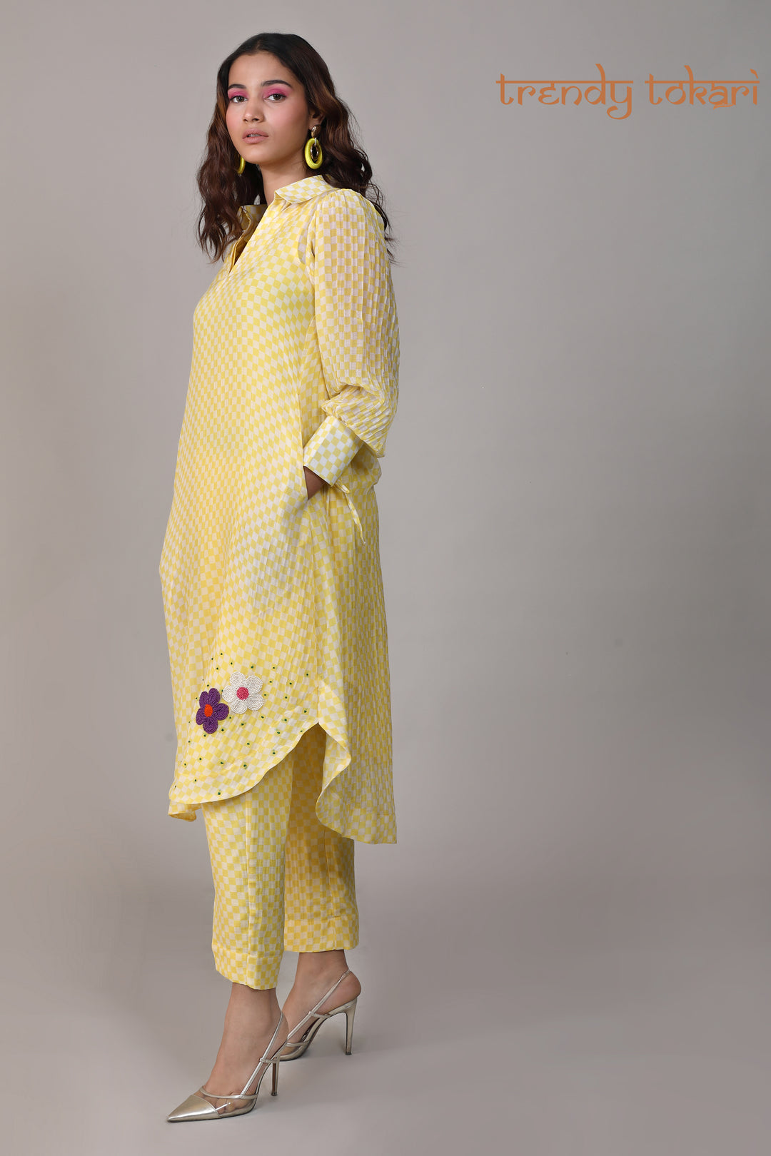 Yellow Check Sequined Chanderi Coord Set
