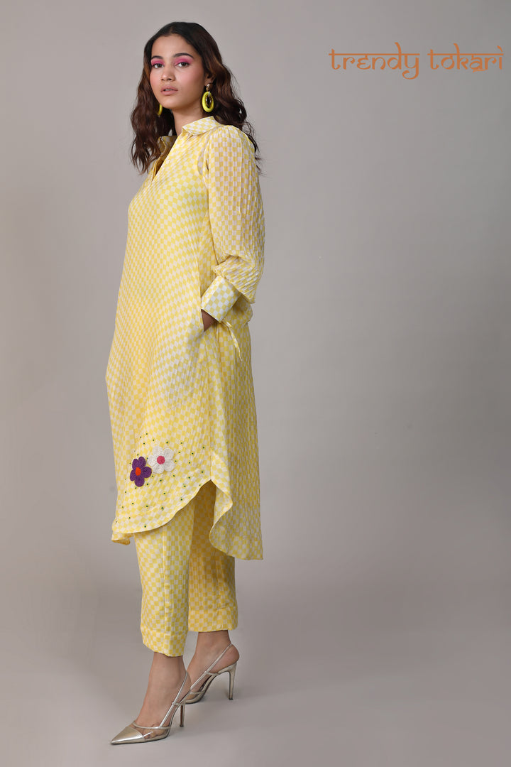 Yellow Check Sequined Chanderi Coord Set