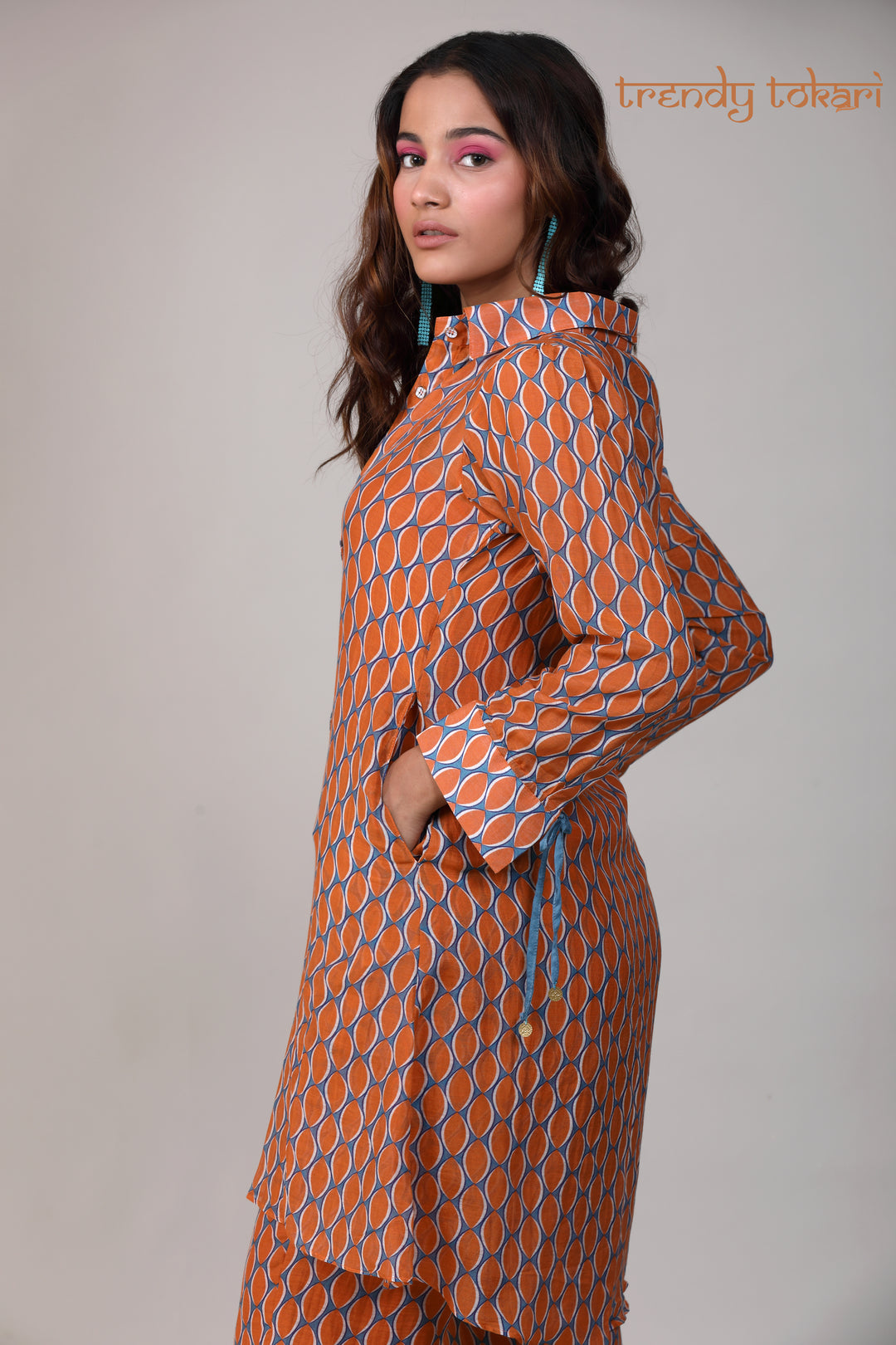 Orange Blue Printed Chanderi Coord Set