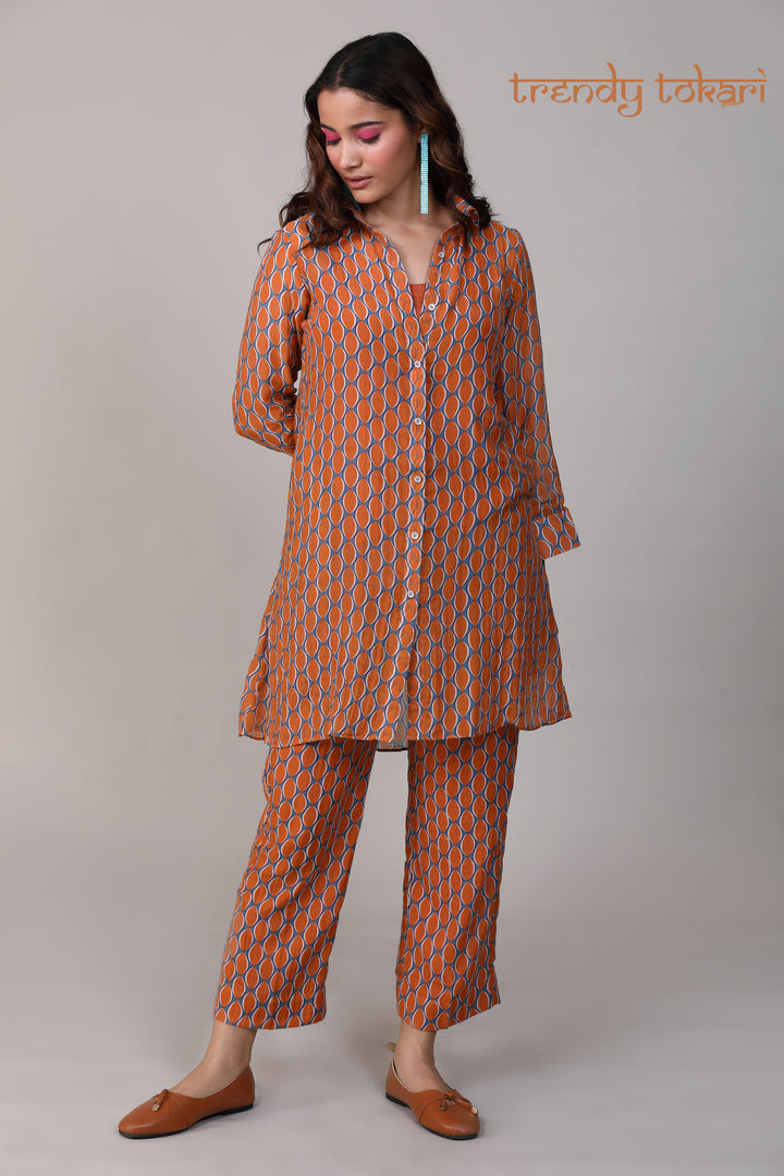 Orange Blue Printed Chanderi Coord Set